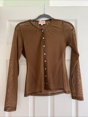 Rouje Brown Sheer Button-Front Mesh Top